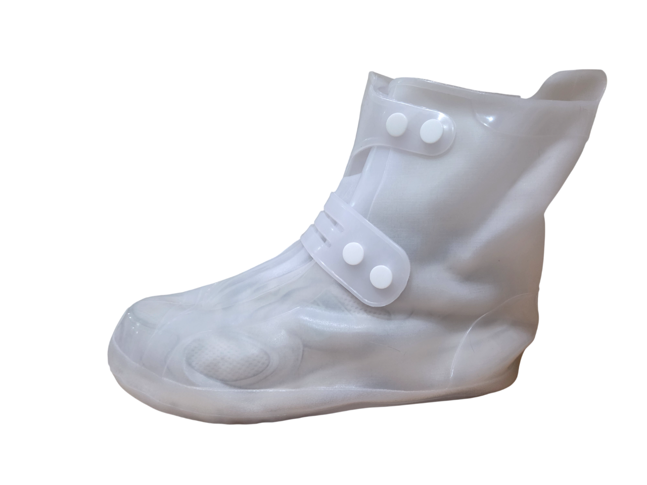 A clear rain cover with fasteners over a white sneaker